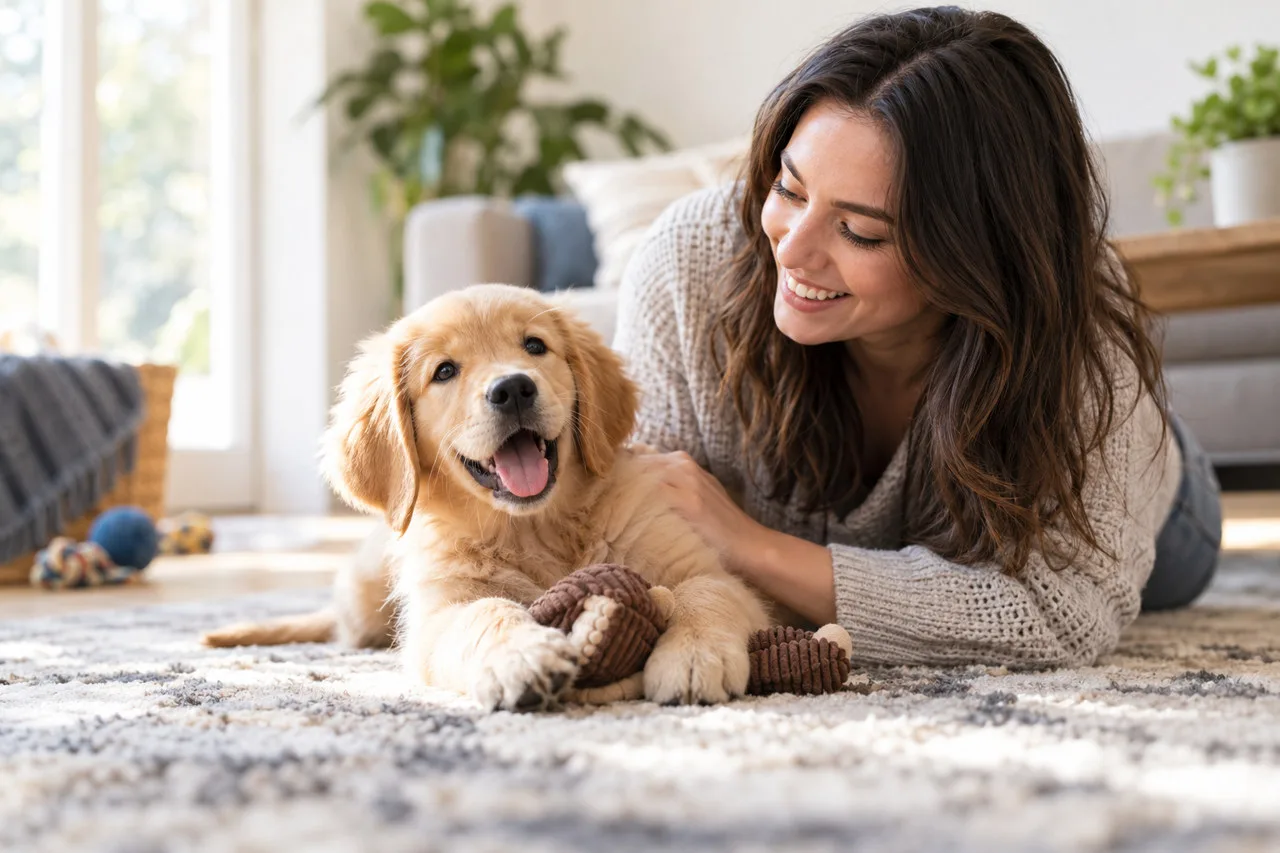 Owner resting at home beside a dog